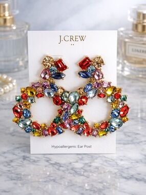 NWT J. Crew Multicolor Crystal Wreath Statement Earrings